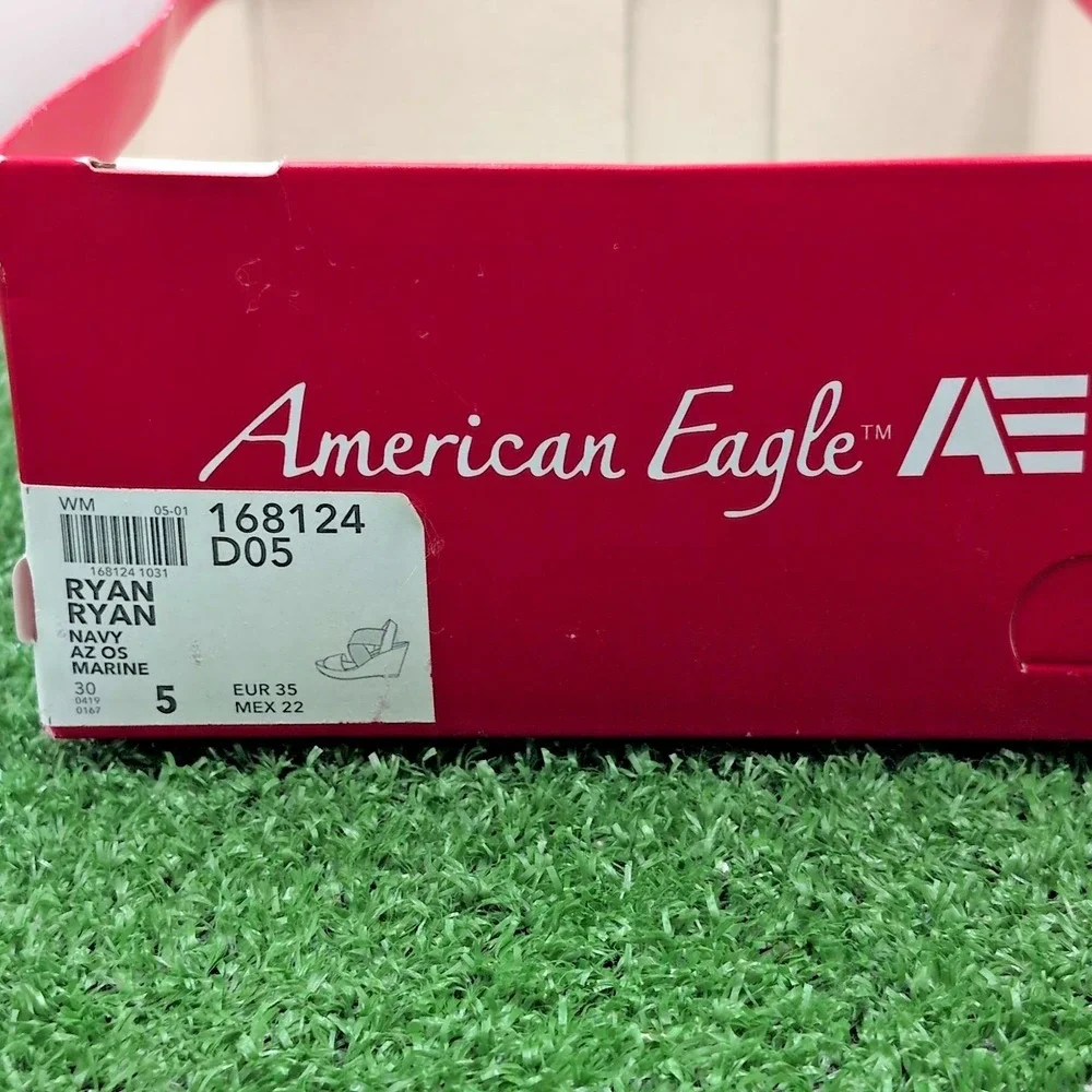 American Eagle AE Women's Shoes 5 Ryan Wedge Sandals Navy Blue Cork Heel Straps